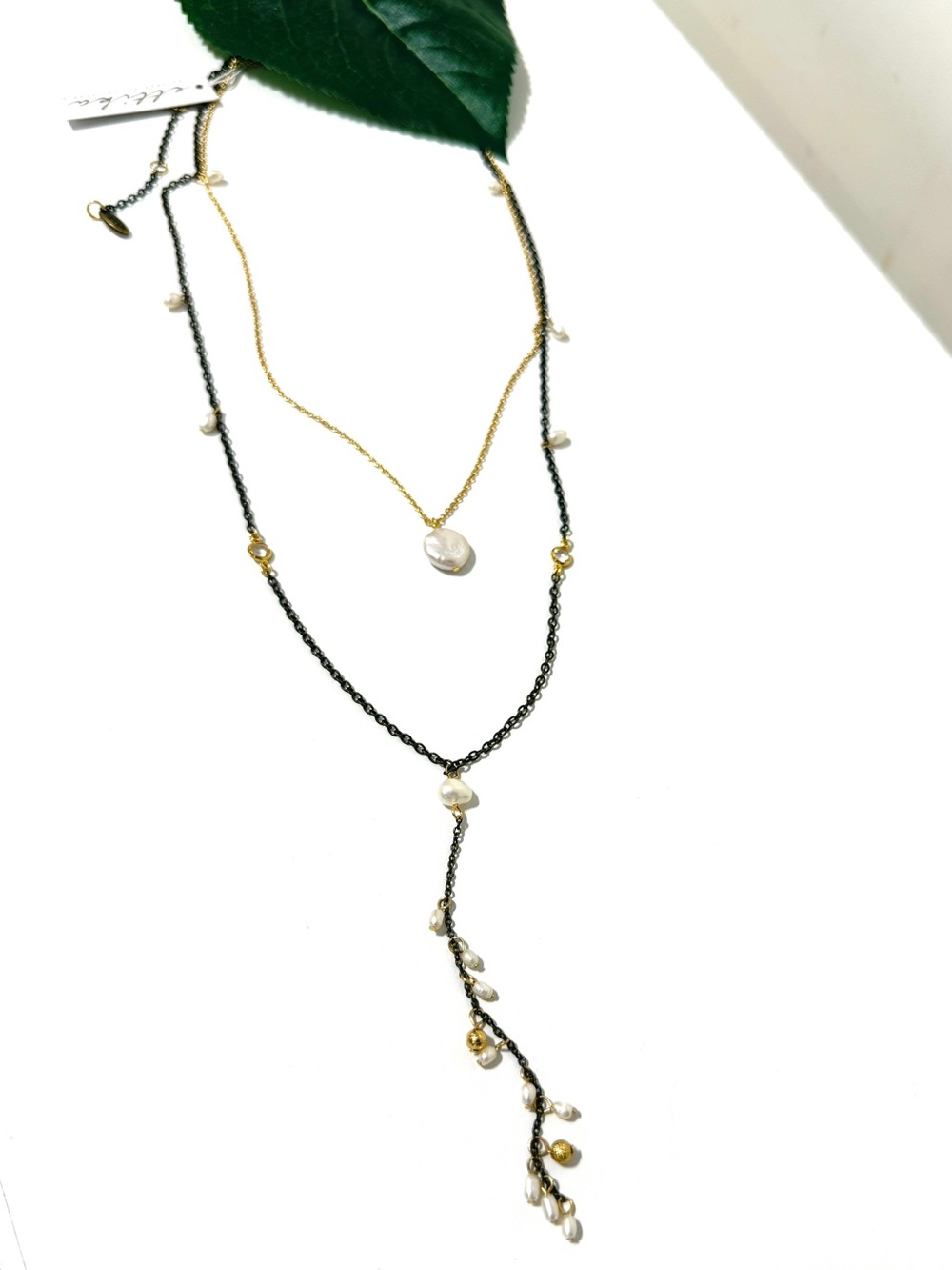 Ettika NWT Mixed Metal Pearl Layered Y-Drop Necklace